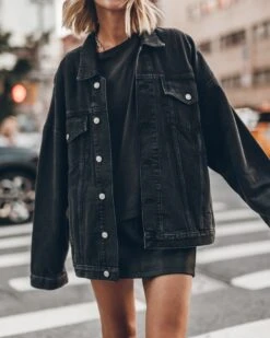 The Black Oversized Denim Jacket -Modern Ladies Wear Store mikuta black oversized denim jacket leather skirt dark peachy loose cotton t shirt black laced leather boots 2805