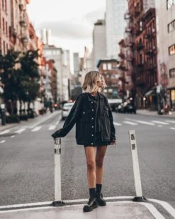 The Black Oversized Denim Jacket -Modern Ladies Wear Store mikuta black oversized denim jacket leather skirt dark peachy loose cotton t shirt black laced leather boots 2942