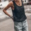 The Black Sequin Base Tank Top 2 The Black Sequin Base Tank Top -Modern Ladies Wear Store mikuta black sequin base tank top blue ripped relaxed jeans 3754