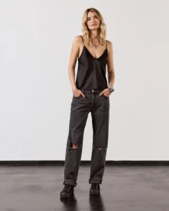 The Black Silk Slip Top 11 The Black Silk Slip Top -Modern Ladies Wear Store mikuta black silk slip top black ripped relaxed jeans black platform sneakers model lara 1