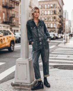 The Dark Blue Denim Jumpsuit -Modern Ladies Wear Store mikuta dark blue denim jumpsuit black platform sneakers model marie 1159