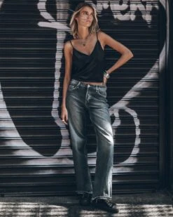 The Dark Blue Loose Jeans -Modern Ladies Wear Store mikuta dark blue loose jeans black slip tank top black platform sneakers model marie 0796