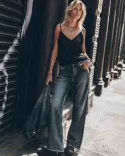 The Dark Blue Loose Jeans -Modern Ladies Wear Store mikuta dark blue loose jeans black slip tank top dark blue denim jacket black platform sneakers model marie 0878