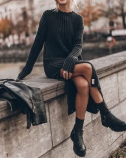 The Dark Faded Knit Longsleeve Dress -Modern Ladies Wear Store mikuta dark faded knit longsleeve dress black biker boots 1934