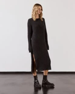 The Dark Faded Knit Longsleeve Dress -Modern Ladies Wear Store mikuta dark faded knit longsleeve dress black biker boots model lara 3