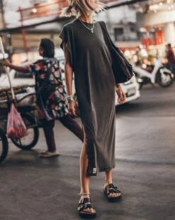 The Dark Faded Long Batwing Dress -Modern Ladies Wear Store mikuta dark faded long batwing dress black leather buckle sandals charcoal small canvas bag 4060