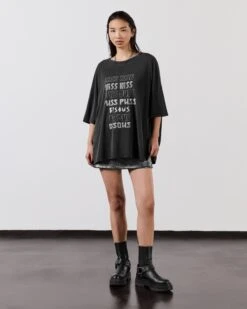 The Dark Kiss Long Loose T-Shirt -Modern Ladies Wear Store mikuta dark kiss long loose t shirt silver coated leather skirt black biker boots model lisa 1