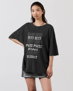 The Dark Kiss Long Loose T-Shirt -Modern Ladies Wear Store mikuta dark kiss long loose t shirt silver coated leather skirt black biker boots model lisa 2 crop