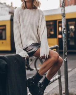 The Off White Destroyed Knitted Sweater 9 The Off White Destroyed Knitted Sweater -Modern Ladies Wear Store mikuta off white destroyed knitted sweater silver coated leather skirt black biker boots 8262