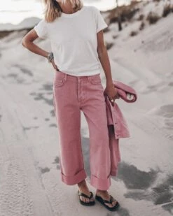 The Pink Baggy Jeans -Modern Ladies Wear Store mikuta pink cropped denim jacket pink baggy jeans white regular cotton t shirt black studded leather sandals 4078
