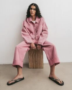 The Pink Cropped Denim Jacket -Modern Ladies Wear Store mikuta pink cropped denim jacket pink baggy jeans zebra leather sandals aya f SS25 4590