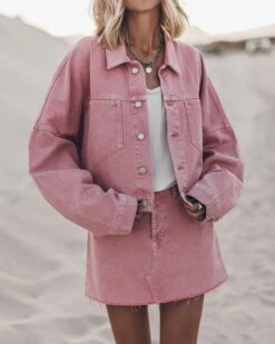 The Pink Cropped Denim Jacket -Modern Ladies Wear Store mikuta pink cropped denim jacket pink denim skirt 2312