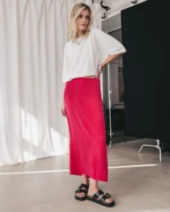 The Pink Long Cupro Skirt -Modern Ladies Wear Store mikuta pink long cupro skirt white long loose cotton t shirt black leather buckle sandals marie c SS25 0158