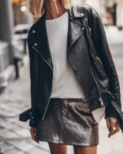 The Silver Coated Leather Skirt -Modern Ladies Wear Store mikuta silver coated leather skirt off white vintage unisex t shirt leather jacket 2070