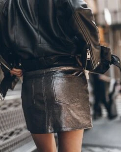 The Silver Coated Leather Skirt -Modern Ladies Wear Store mikuta silver coated leather skirt off white vintage unisex t shirt leather jacket 2689