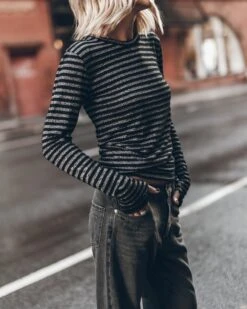 The Striped Sparkly Thin Longsleeve -Modern Ladies Wear Store mikuta striped sparkly thin longsleeve black ripped relaxed jeans 7429