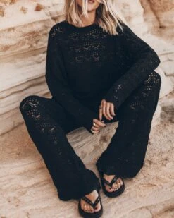 The Black Crochet Pants -Modern Ladies Wear Store mikuta the black crochet sweater the black crochet pants the black studded leather sandals 0431