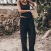 The Black Loose Linen Pants 2 The Black Loose Linen Pants -Modern Ladies Wear Store mikuta the black loose linen pants the dark regular tank top the small cesta bag the black leather buckle sandals 7364