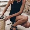 The Black Short Fine Tank Dress -Modern Ladies Wear Store mikuta the black short fine tank dress the black strappy leather sandals the large cesta bag 8712