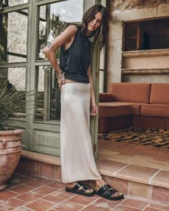 The Dark Draped Tank Top -Modern Ladies Wear Store mikuta the dark draped tank top the light long slip skirt the black leather buckle sandals myriam t SS25 04 6 1