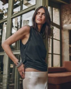 The Dark Draped Tank Top -Modern Ladies Wear Store mikuta the dark draped tank top the light long slip skirt the black leather buckle sandals myriam t SS25 04 8