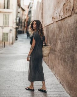The Dark Faded Long Batwing Dress -Modern Ladies Wear Store mikuta the dark faded long batwing dress the black studded leather sandals the large cesta bag aina b SS25 0453