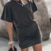 The Dark Faded Short Draped T-Shirt Dress -Modern Ladies Wear Store mikuta the dark faded short draped t shirt dress the black strappy leather sandals 1900