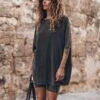The Dark Faded Short Loose T-Shirt Dress -Modern Ladies Wear Store mikuta the dark faded short loose t shirt dress the dark faded base biker shorts the black leather buckle sandals the large raffia basket bag aina b SS25 0334