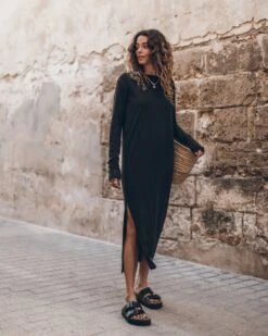 The Dark Longsleeve Dress -Modern Ladies Wear Store mikuta the dark longsleeve dress the black leather buckle sandals the large raffia basket bag aina b SS25 9830