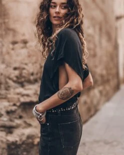 The Dark Thin Batwing T-Shirt -Modern Ladies Wear Store mikuta the dark thin batwing t shirt the black denim bermuda shorts the studded belt aina b SS25 8198