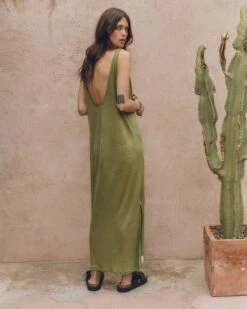 The Green Low Back Linen Tank Dress