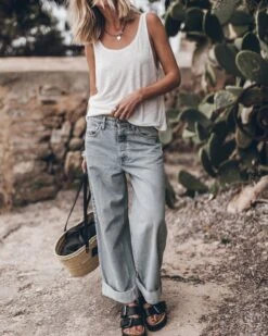 The White Linen Base Tank Top -Modern Ladies Wear Store mikuta the white linen base tank top the blue baggy jeans the black leather buckle sandals the small cesta bag 9333