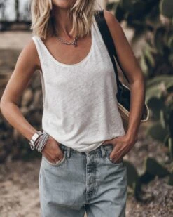 The White Linen Base Tank Top -Modern Ladies Wear Store mikuta the white linen base tank top the blue baggy jeans the black leather buckle sandals the small cesta bag 9436