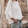 The White Loose Linen T-Shirt -Modern Ladies Wear Store mikuta the white loose linen t shirt the blue baggy jeans 4705