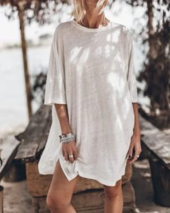 The White Short Loose Linen T-Shirt Dress